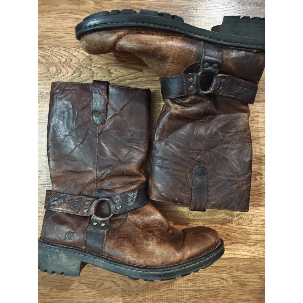 Born Mens Brown Leather Harness Engineer Moto Boots M6543 Size 9.5 Biker